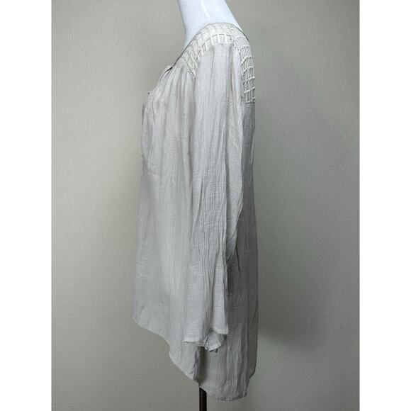 Alex Women’s 1X Tunic Top Sheer Lace Yoke Tan/taupe Boho Beach Lagenlook - Picture 10 of 16